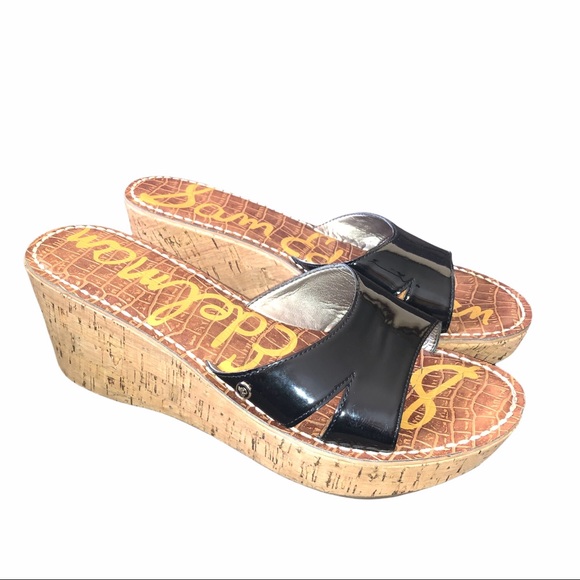 Sam Edelman Reid Black Patent Wedge Cork Sandals - Picture 4 of 11